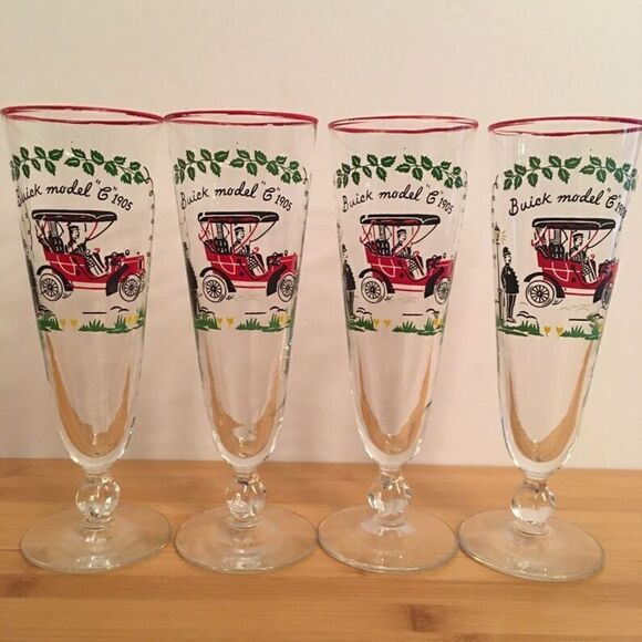 Set of 4 Pilsner Glasses Libbey Horseless Carriage Buick 1905 Vintage Beer Glass - Picture 4 of 4